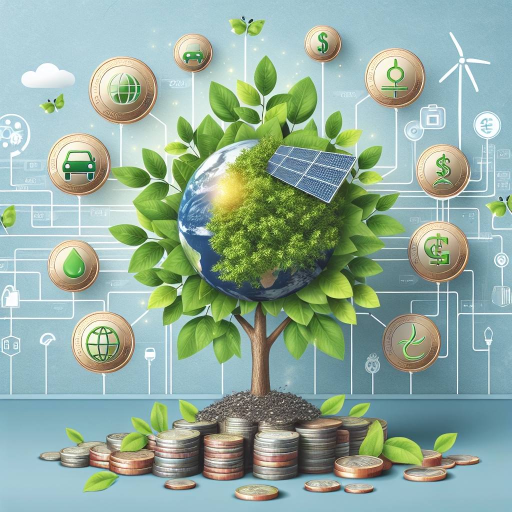 Show an image of a vibrant, leafy green tree growing from a pile of coins. The coin represents various currencies to signify international investment. Superimpose symbols such as a wind turbine, a solar panel, and an electric car as fruits growing from the tree to depict different types of clean energy investments. The background features a beautiful, clean, and blue sky symbolizing a sustainable future. Use an infographic style for clarity and ease of understanding.