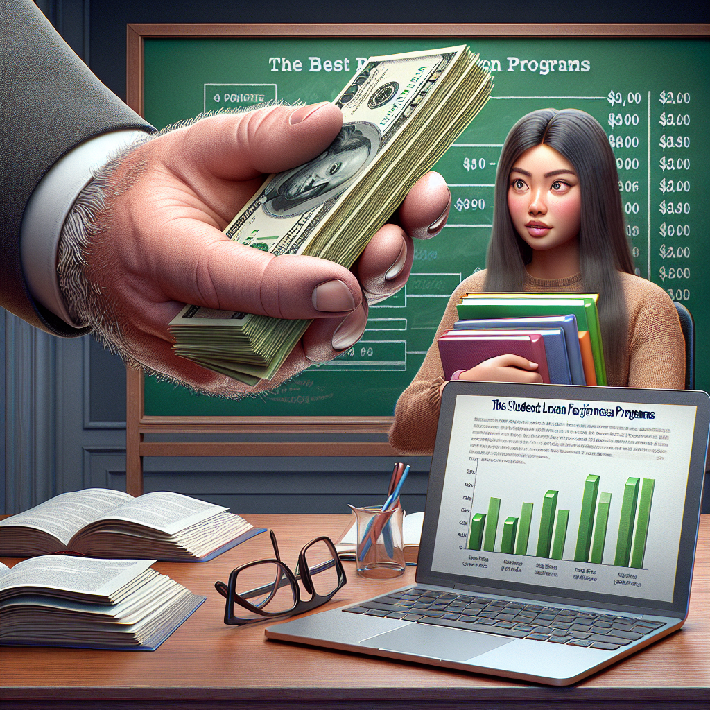 A detailed illustration of a large, male hand with fair skin extending out a stack of green, paper money to a female student with Asian descent, holding a couple of textbooks under her arm with a look of grateful surprise. A silver laptop open on a wooden table beside her, presenting bar graphs and financial information related to student loan forgiveness programs. A chalkboard in the background breaks down the best programs coupled with a pair of glasses resting on the table. Render everything in the Realism style.