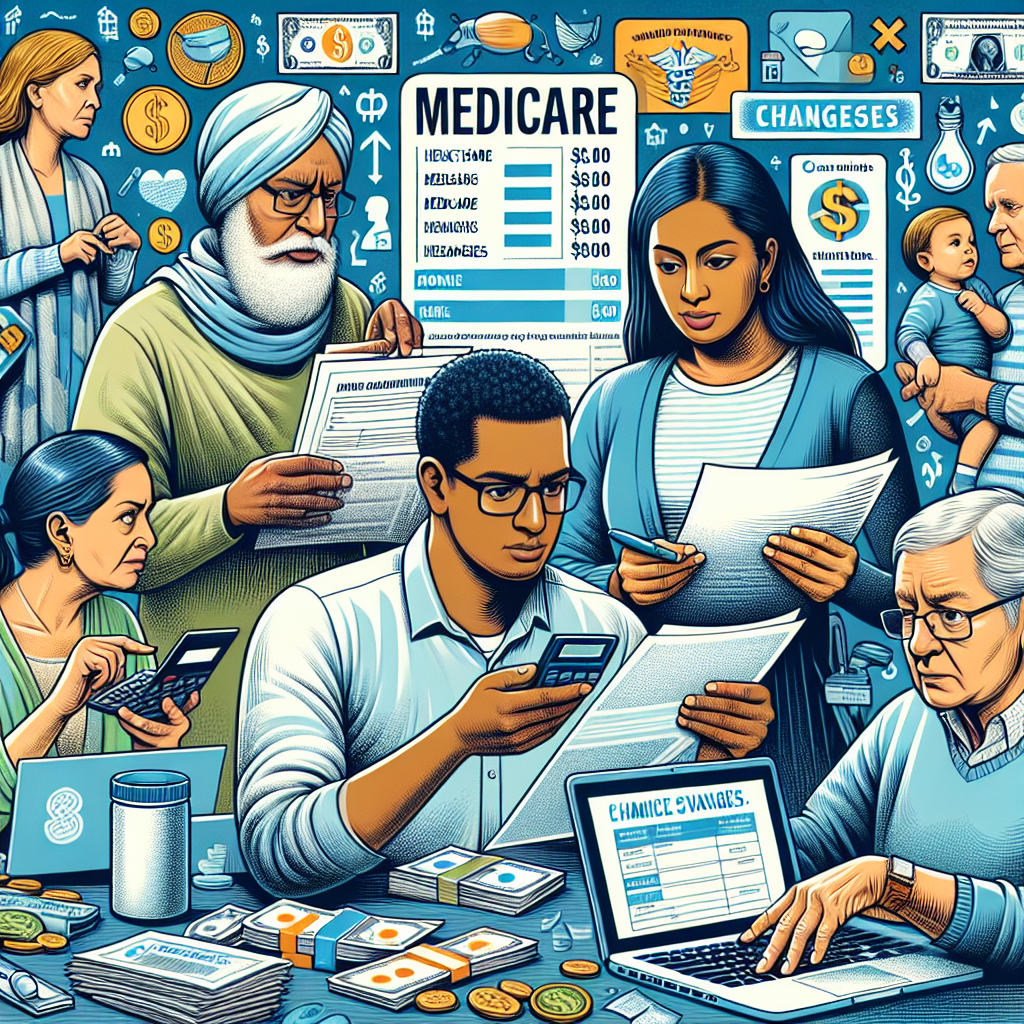 Picture this: A detailed illustration showing a diverse group of individuals dealing with healthcare financial questions. There is a Middle-Eastern man studying a stack of medical bills, a Caucasian woman using a calculator to tabulate costs, a Hispanic gentleman on a laptop, researching Medicare changes, and a South Asian woman discuss with her family about the cost savings on healthcare. The image should also include elements symbolizing Medicare, such as a card or a Medicare logo. The background is filled with text and graphics representing money, savings, and changes.