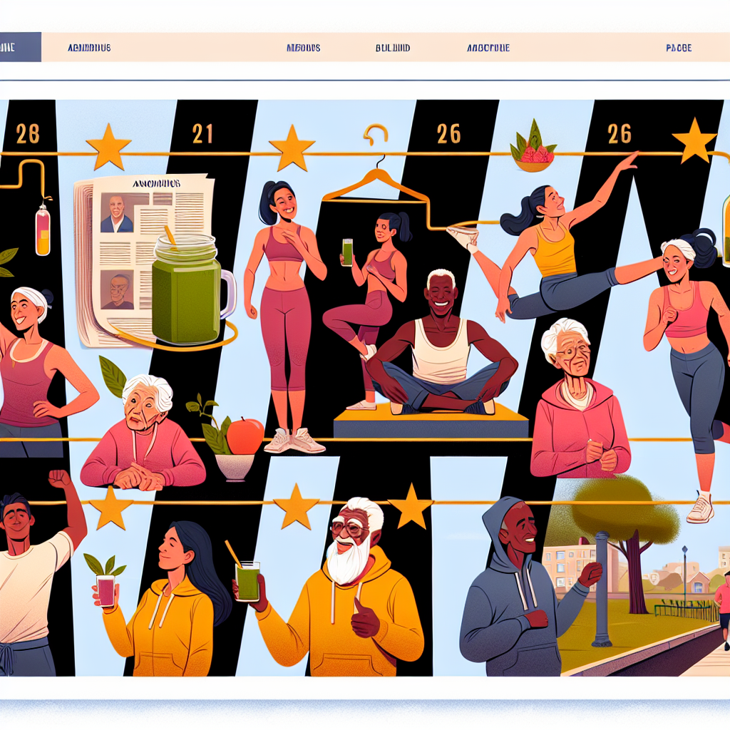 An array of age-appropriate fitness and health milestones as interpreted by anonymous adults who are immersed in varying regimes. The setting is a digital multipage article layout ready to be published online. On the left is the timeline of the milestones, with each milestone represented by a golden star. Simultaneously, the right side of the page features a health-conscious individual of South Asian descent making a green smoothie, a Middle Eastern female performing yoga, and a Black gentleman jogging in a park. These scenes are separated by breaks in the page for a clean, organized look.