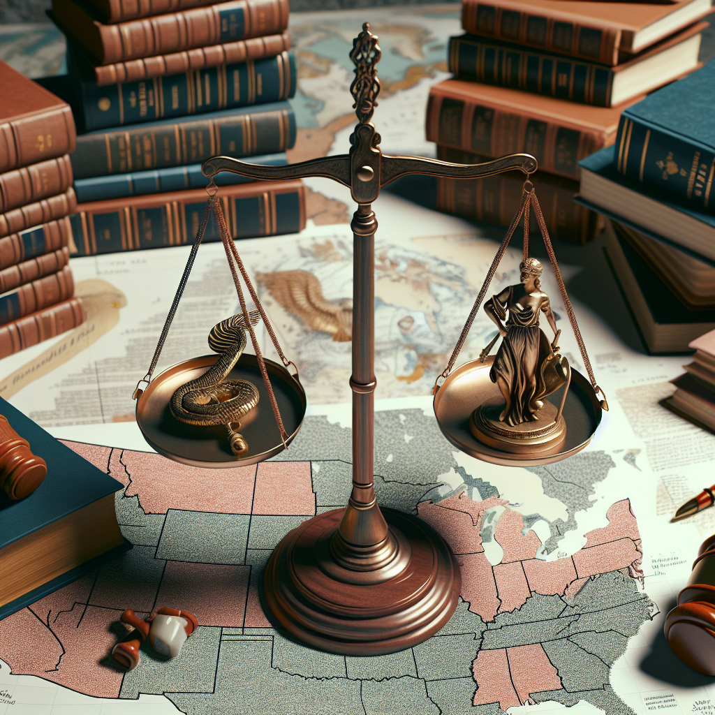 A balanced scale representing justice, with a gavel and a law book on one side and a symbolic representation of reproductive health on the other side. Around the scene there would be piles of other books and documents, showcasing important Supreme Court decisions throughout history. A map of the United States can be seen in the background.