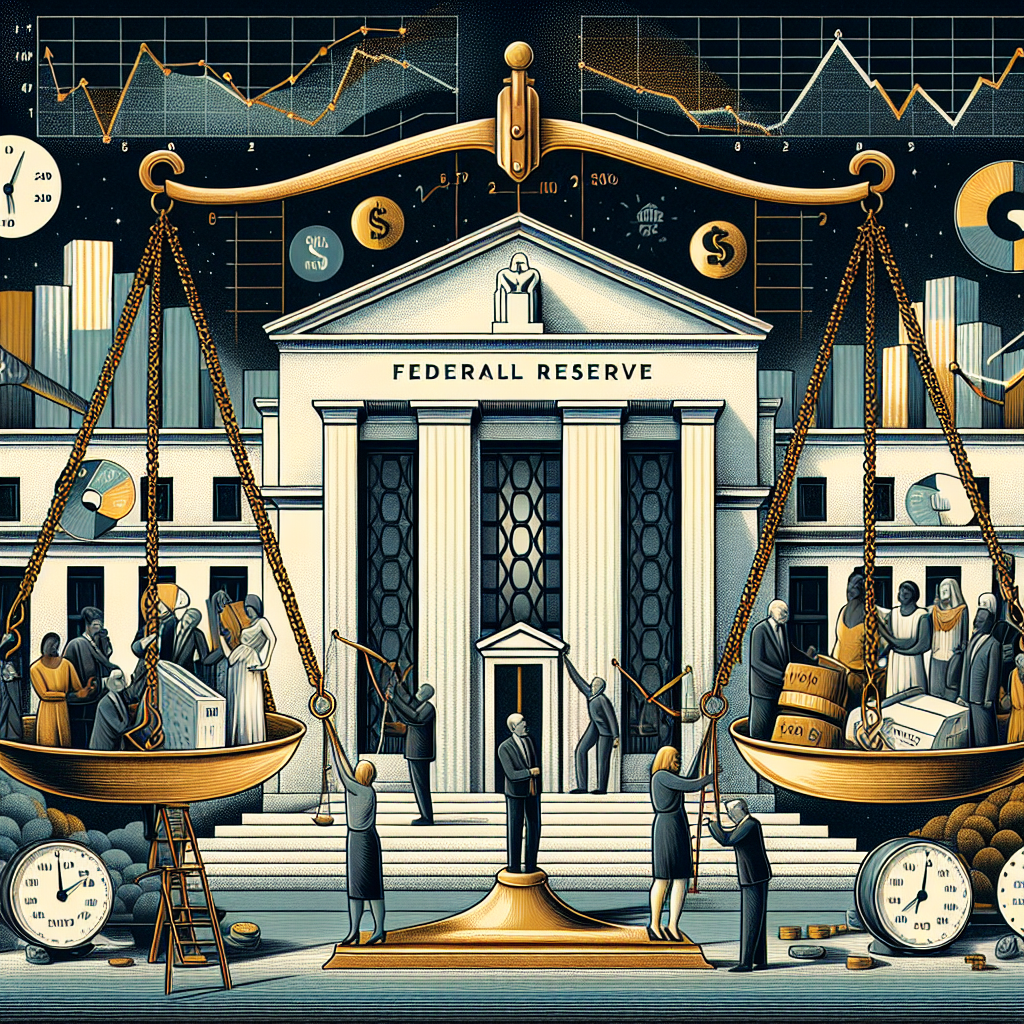An intricate illustration showcasing the concept of Federal Reserve Interest Rate decisions. In the image, a large neoclassical-style building represents the Federal Reserve. Scales of justice, symbolizing balance and fairness, hold two important factors: an interest rate symbol on one side and an inflation symbol on the other. A diverse group of men and women symbolizing economists are carefully adjusting the scales using levers and pulleys. Background elements include economic charts and graphs reflecting the impact of these decisions on the economy.