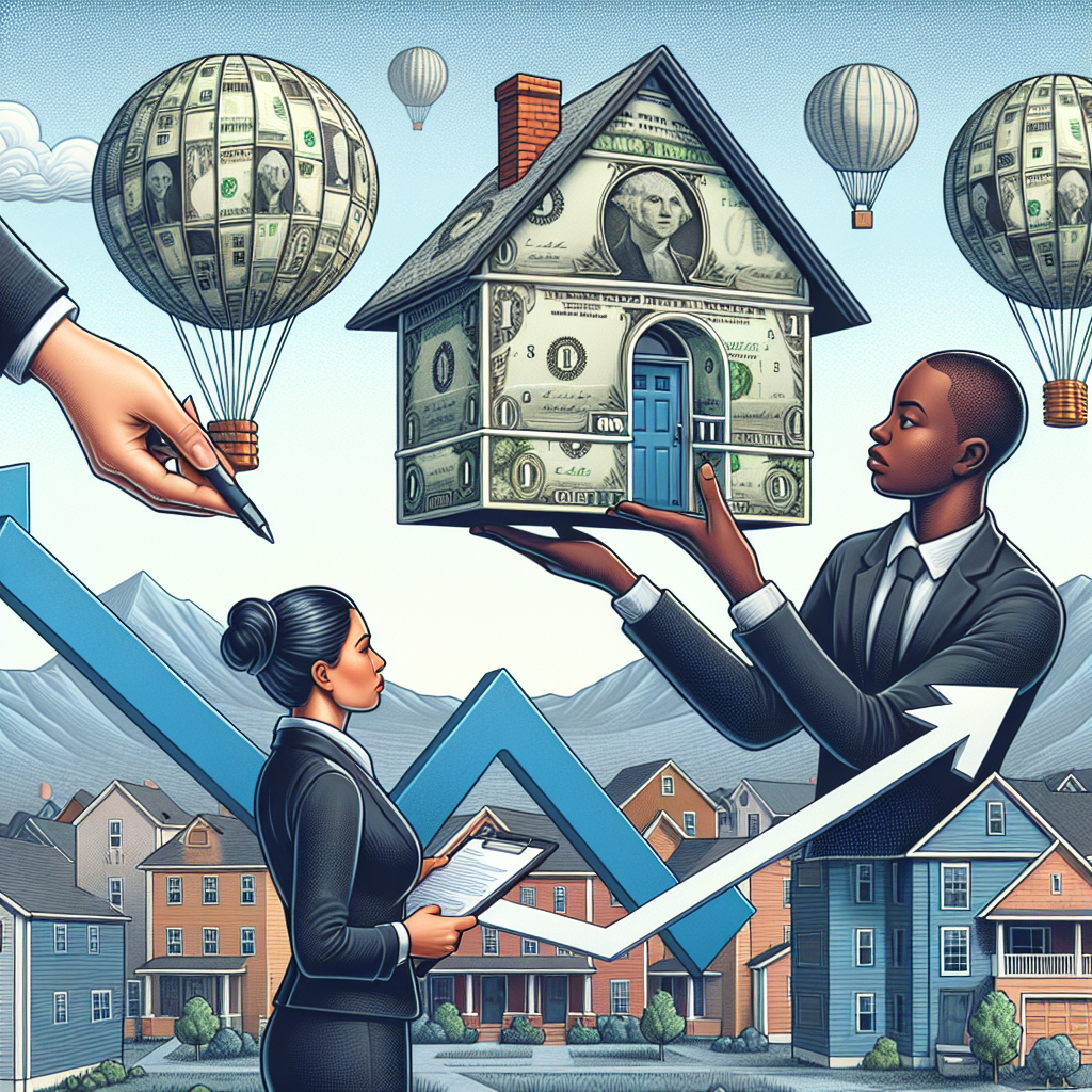 A detailed illustration representing the concept of rising mortgage rates affecting the U.S housing market. The image should contain symbolic elements such as a house made of dollar bills being carried by hot air balloons depicting rising interest rates. Show a graph in the background indicating prices going up, with a focused scene of two individuals, one Black female real estate agent advising a Middle-Eastern male first-time homebuyer. She should be pointing to the graph and discussing, with a serious but helpful demeanor. Please ensure that both individuals are dressed professionally.