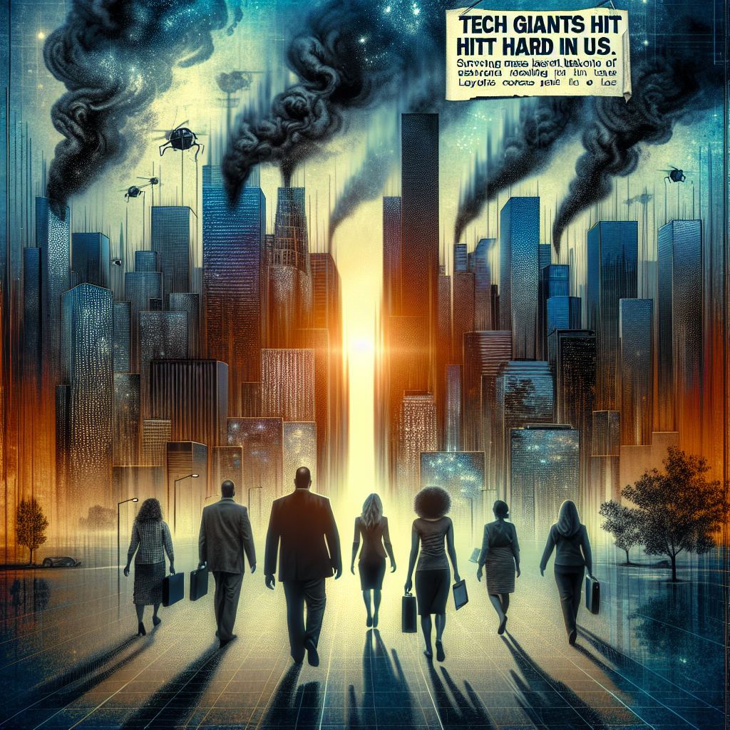 An abstract representation symbolizing large technology companies in the United States stricken by significant economic challenges, depicted as sprawling urban skylines shrouded in turmoil-like storm clouds. The foreground showcases a diverse array of individuals - a Caucasian woman, Hispanic man, Black woman - all dressed in business casual attires, displaying expressions of determination and resilience as they walk away from the fading cityscape, towards a sunlit horizon. A bold headline in a newspaper style that says 'Tech Giants Hit Hard: Surviving Mass Layoffs in US' is floating in the air.