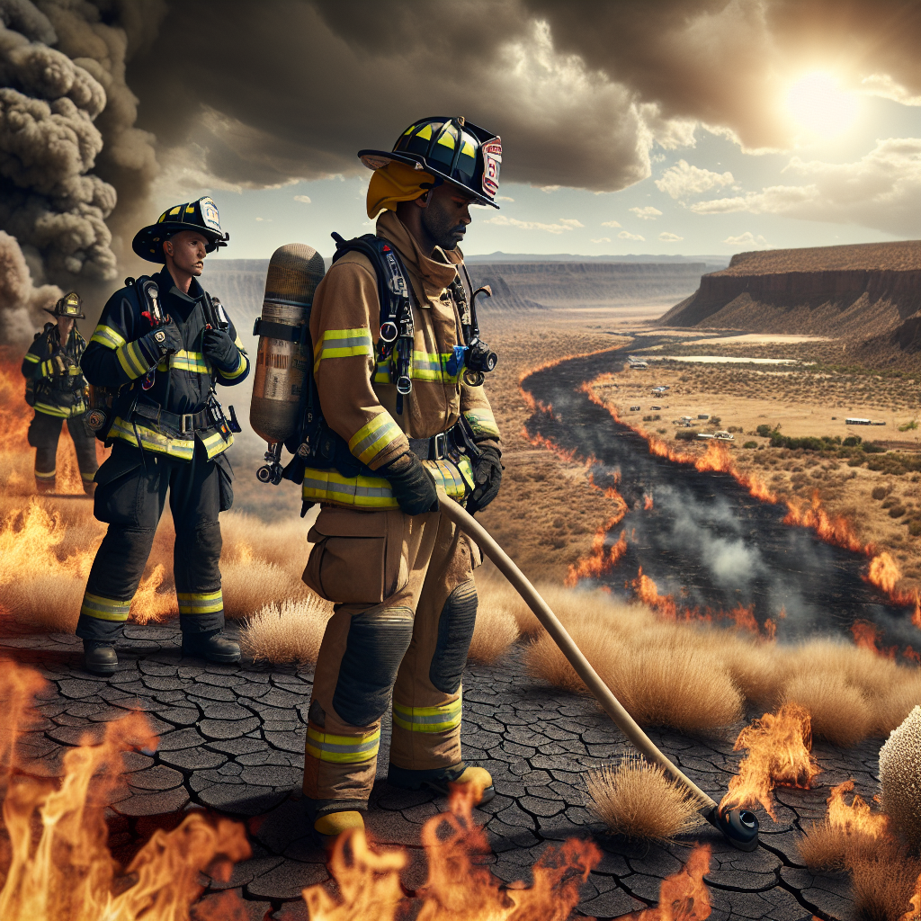 A gripping scene depicting the harshness of a heatwave sweeping across the American landscapes, with high temperatures causing dry vegetation to catch fire. In sharp contrast, there are brave firefighters tirelessly working, equipped with professional gear, successfully managing the emergency situation. The scene features a diverse team of firefighters, including a Hispanic female firefighter and a Black male firefighter showing their team effort in the face of adversity. The foreground captures the intense heat of the fire, while the background shows a vast land hit by drought under the scorching sun.