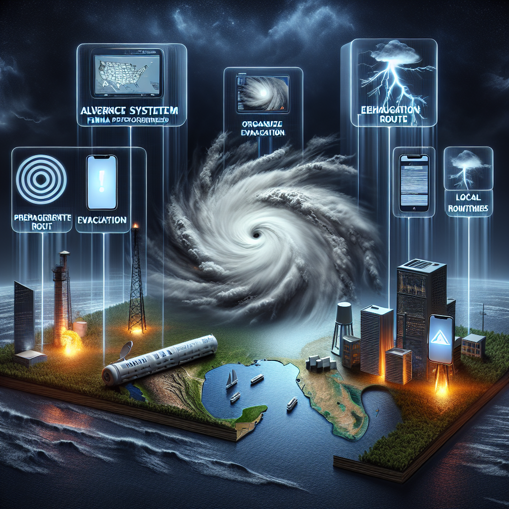 A visually compelling and informative scene related to FEMA emergency preparedness during the hurricane season. At the center, there's a realistic depiction of a hurricane in progress with swirling gray clouds and lightning strikes illuminating the darkened sky. Surrounding the tempest, visualize important hurricane safety measures. Illustrate an alert system consisting of modern devices like mobile phones, laptops, and weather radios peeping with urgent notifications. Also, depict an organized evacuation route marked on a local map. These elements represent the concept of advanced planning and staying informed, crucial for responding effectively in emergency situations.