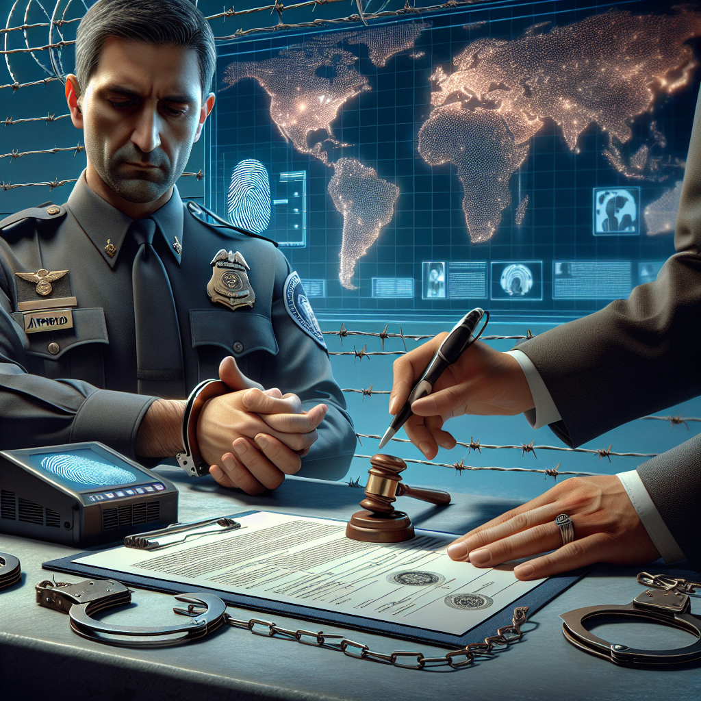 An image showing handcuffs, barbed wire, a digital fingerprint scanner, and an official-looking document with a large, approved stamp on it. On the sidelines, a suited officer, a Hispanic male, is attentively inspecting the documents. In the background, there’s an electronic screen displaying a world map with glowing dots representing various parts of the globe. The scenario is set in daylight under a clear blue sky and gives the impression of a comprehensively secured border area. The overall ambiance is of orderly conduct and effective control.