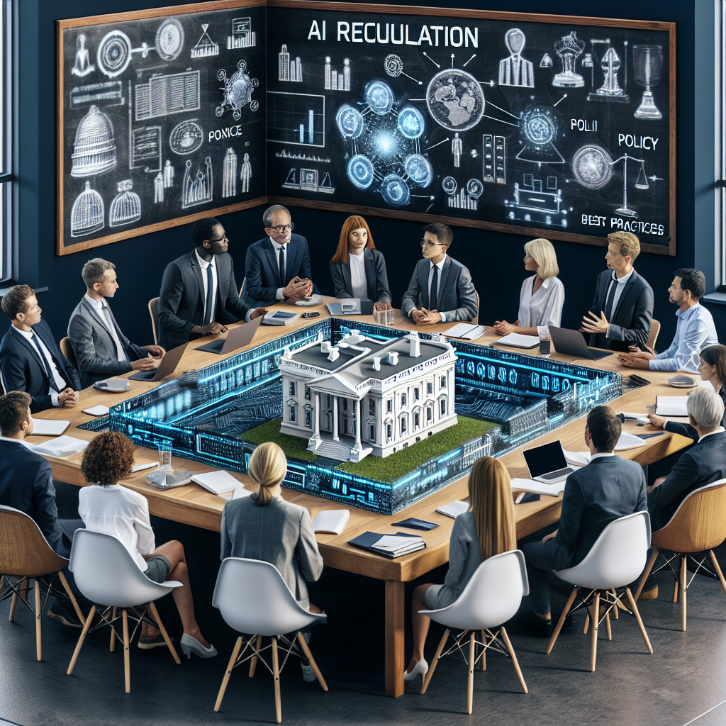 An academic setting with a diverse group of students and instructors engaging in a lively discussion. They are gathered around a large table covered with papers and diagrams, depicting advanced AI technology and its potential regulatory implications. Located in the middle of the table is a miniature model of a white house, symbolizing the policy-making power of the government. A large blackboard in the background displays key words like 'AI Regulation', 'Best Practices', and 'Policy'. The atmosphere is focused yet optimistic about the future of AI regulation.