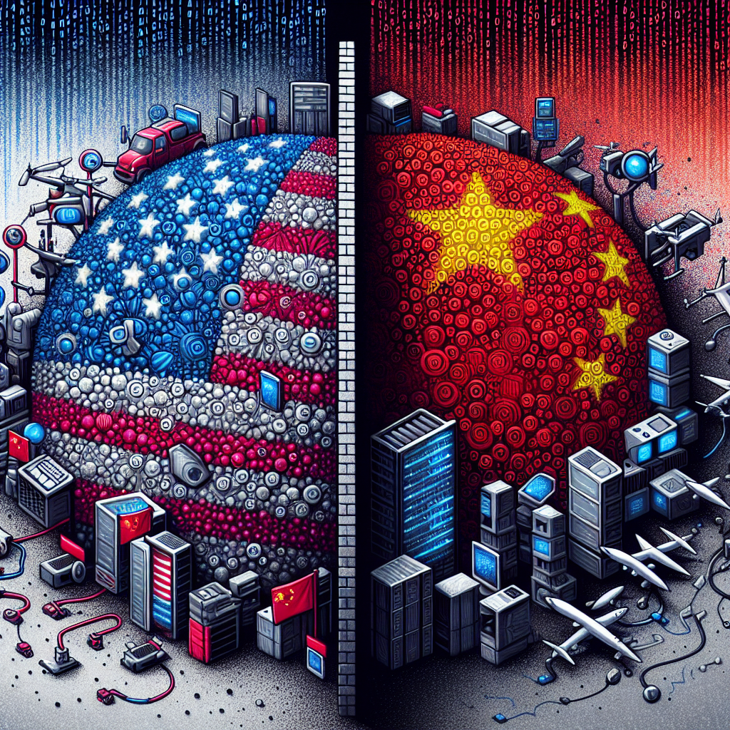 Visual representation of an abstract, symbolic representation of escalating tech tensions between two nations. On the left, depict a sphere colored with the US flag, bristling with dynamic gadgets like computers, data servers, mobile phones, and drones. On the right, render a sphere colored with the Chinese flag, likewise teeming with technology. Between, draw a wall made of binary code, hinting at a digital divide. Above the wall, symbolize a sign denoted with musical notes and a crossed-out circle, signifying the ban of a popular social media platform.
