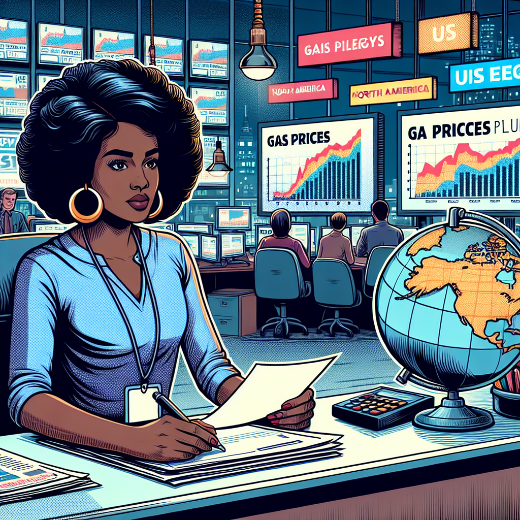 A detailed illustration set in the context of a newsroom. A mixed-race female reporter sits at a desk with multiple screens displaying graphs and statistics behind her. The graphs represent the dramatic decrease in gas prices. On one of the screens, display the headline 'Gas Prices Plummet'. The reporter is holding a document labelled 'US Energy Policy Shifts'. Nearby, there's a globe highlighting North America. In the background, the hustle and bustle of a busy newsroom can be seen.