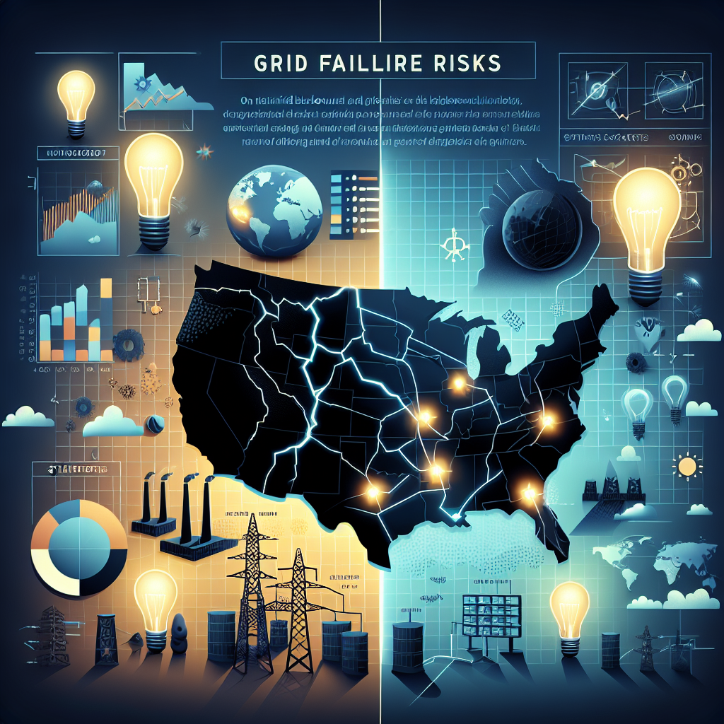 An illustration representing the concept of grid failure risks and nationwide blackouts. A large map of a country is partially covered in darkness, symbolizing the blackouts. On the bright side of the map, there are strategic points represented by glowing lightbulbs, symbolizing strategies to prevent these failures. Also, design several diagrams, graphs and text referring to the mechanisms of the power grid. Finally, ensure that the color tones set a serious mood, reflecting the urgency of the situation.