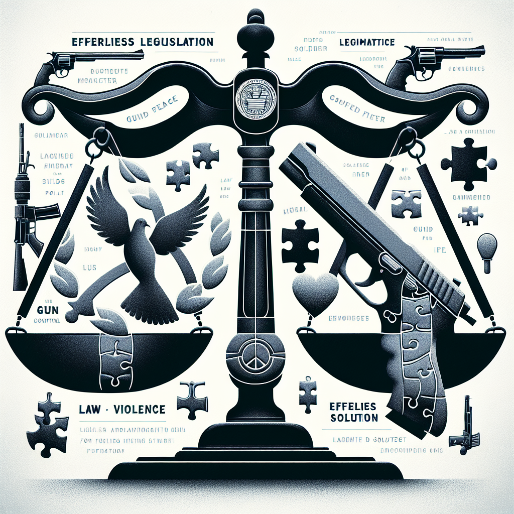 An illustrative depiction showing a symbolic scales of justice with a peace dove on one side and a stylized representation of a gun on the other side, indicating the heavy topic of gun control legislation. To the side is a complex puzzle being solved, which signifies the process of lawmaking and policy implementation. Overlaying the image are phrases related to the topic, such as 'gun control legislation', 'effortless solution', and 'reduce gun violence'. The image maintains balance between different elements, correctly portrays the gravity of the matter, and is appropriate for a serious, informative style of article.