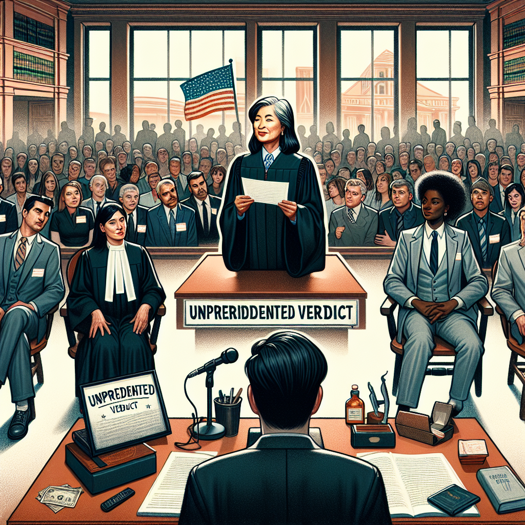 Illustration showcasing a courtroom scene. The room is filled with varied audience members, each holding their breath in anticipation. A middle-aged Asian female judge, in her black robe, braces herself behind the bench, holding up a piece of paper with 'Unprecedented verdict' written on it. In front of her, a divided table presents two sides: a Hispanic male lawyer in a steel grey suit stands on one side, and an experienced looking Black female attorney on the other. They are surrounded by documents and legal books. Outside the window, the US flag flutters in a soft breeze.