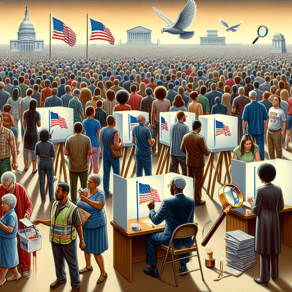 Visualize the concept of empowering reforms in U.S election aftermath symbolized through a diverse crowd of voters. People of various descents, such as Caucasian, Hispanic, Middle Eastern, and Black are queuing up at a polling station. Some are voting inside the booths while an election worker of South Asian descent is assisting. Scattered on the scene, visual metaphors that represent change and empowerment, such as a gavel, a dove, and a magnifying glass examining a law text, are shown. Paint this image in an impactful, realistic style.