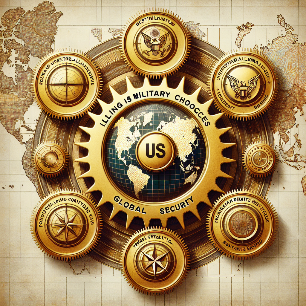 A detailed graphic representation of key factors influencing US military aid choices in the context of global security. In the center, depict a large gear, symbolizing US military aid, brilliantly gleaming in gold color. Connecting to this gear are smaller gears, each representing different key factors, such as geographical location, existing alliances, threat level, political stability, human rights record, and economic conditions. Each of these gears should be distinct in color and intricately designed. Around the gears, include a background derived from a map of the world, subtly blended in to add context.