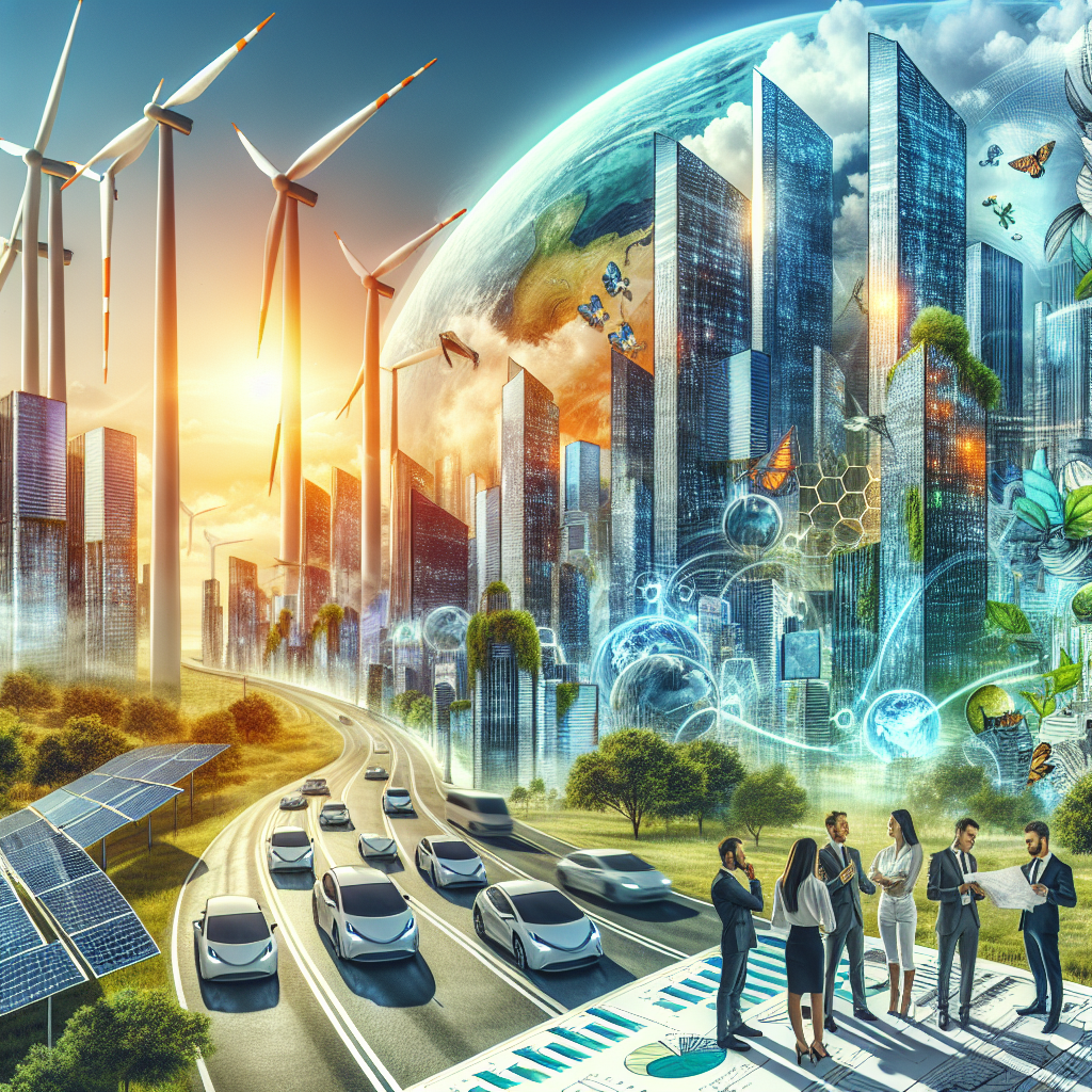 A vivid depiction of a futuristic cityscape running on clean energy. Skyscrapers equipped with solar panels glisten under the warm sunlight. A busy street with electric cars zipping by is seen, and large wind turbines towering in the background. Caucasian, Black, and Hispanic men and women, represented as investors, politicians and engineers, are discussing blueprints and graphs related to clean energy investment. On the side, there's a billboard with the words 'Climate Change Legislation' superimposed over a lush, healthy planet Earth.