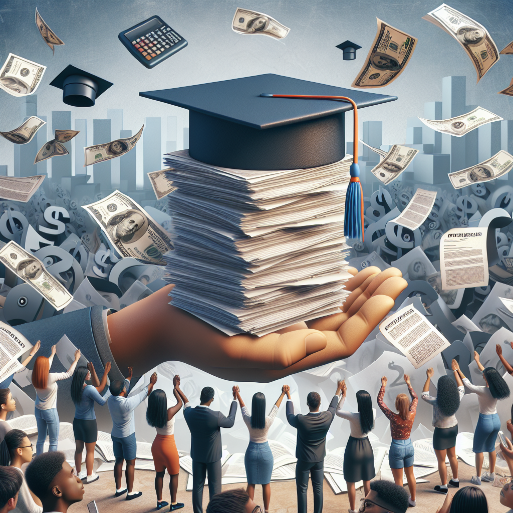 Visualize a scene depicting the concept of 'Effortless Forgiveness Programs' related to student loans. Show stacks of documents disappearing, or metaphorically turning into feathers showing the weight being lifted. Include images of textbooks, graduation caps, and symbols of financial stress like dollar signs, calculators and paperwork. In the foreground, show diverse students of different genders and descents such as Black, Hispanic, Asian and Caucasian looking relieved and hopeful. Their expressions should capture the optimism and relief brought about by the prospect of student loan forgiveness. Make sure the atmosphere of the whole picture is positive and hopeful.