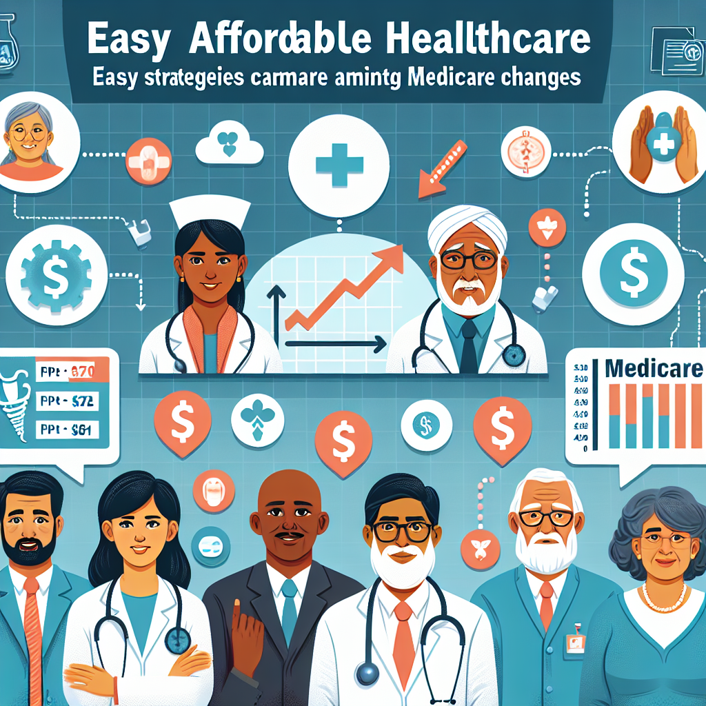 An educational visual guide demonstrating easy strategies for affordable healthcare amidst Medicare changes. Picture includes a diverse group comprising a South Asian male doctor, a Black female nurse, and an elderly Middle-Eastern man and a Hispanic woman discussing healthcare cost reductions. Also include elements such as a chart showing decreasing costs, a diagram explaining healthcare plans, and icons symbolizing Medicare. The background should be a healthcare setting, possibly a hospital or clinic lobby.