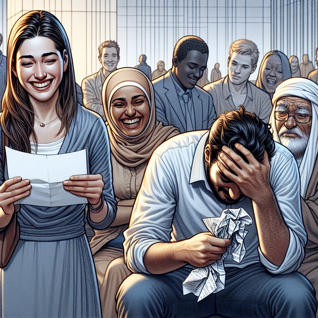 A dramatized depiction of anonymous individuals learning about their health: the mingled emotions of joy and grief. One person, Middle-Eastern and female, smiles while reading a piece of paper, presumably with positive news. Nearby, a man of South Asian descent bows his head, a crumpled letter by his hand hinting at sadder news. In the background, a diverse array of other individuals share similarly varied reactions. The setting is a modern, bustling city sidewalk. Note: this illustration is not intended to represent real individuals or specific health outcomes.