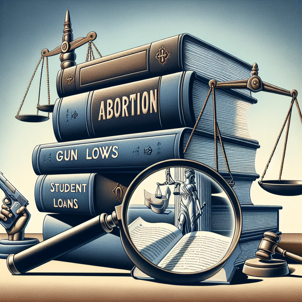 A detailed, thought-provoking image featuring a stack of books, a magnifying glass, and a scale of justice. The books are titled 'Abortion', 'Gun Laws' and 'Student Loans'. The magnifying glass is focused on a paragraph within the 'Abortion' book, indicating scrutiny and in-depth analysis. On the other side, the scale of justice is slightly tipped, symbolizing the complexities and divisive nature of these issues. Background elements include a library setting to indicate the research involved in analyzing these must-read topics and contrastingly peaceful shades of blue and beige to hint at the calmness needed to handle such heated subjects.