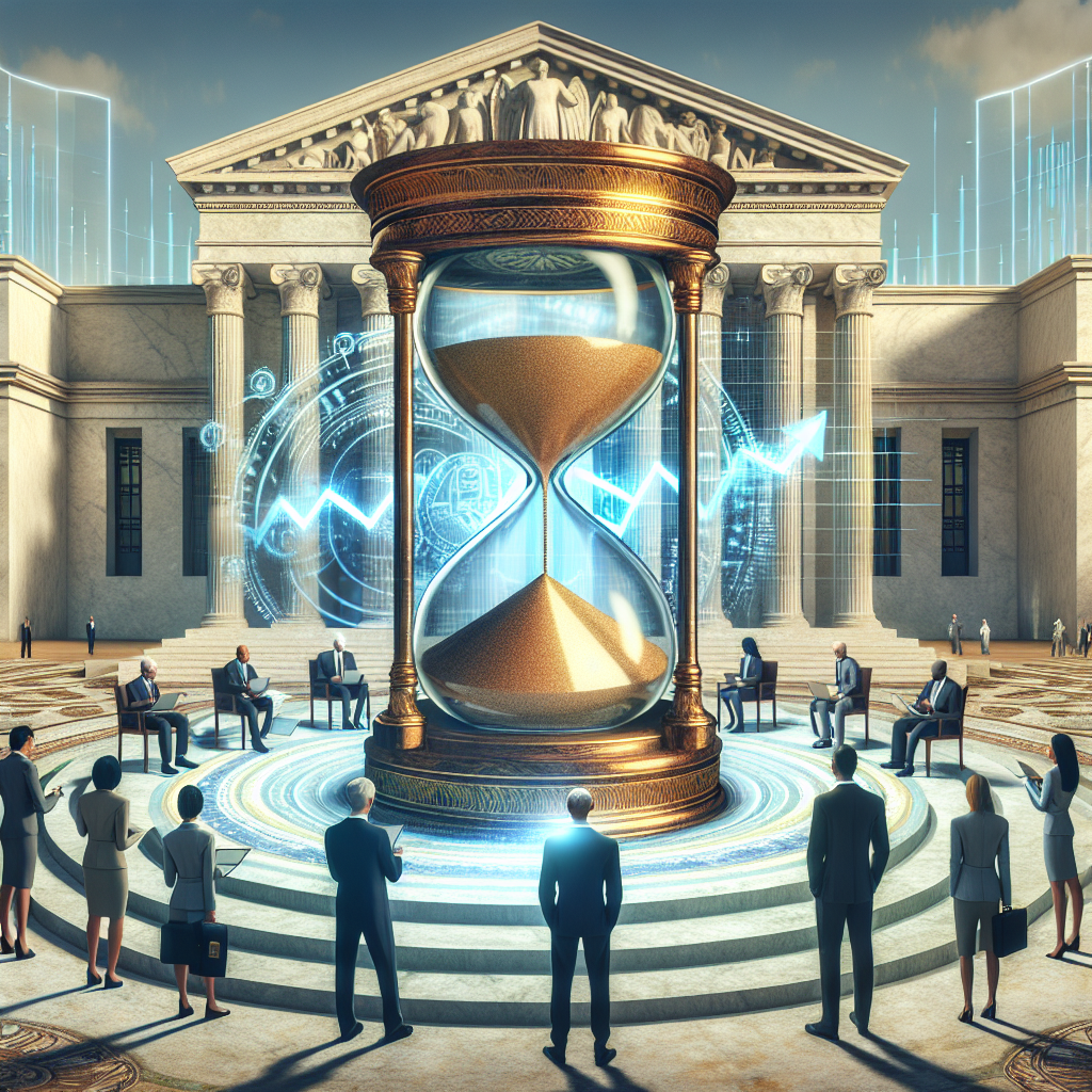 An artistic representation of the concept of the Federal Reserve interest rate decisions. The scene showcases a large, ornate hourglass centered on a marble pedestal, with golden sand trickling down inside it to symbolize passing time. Surrounding this are number of business professionals diverse in gender and descent, studying a large holographic chart displaying an ascending line to depict an optimistic outlook. The background is a grand neoclassical building implying a federal institution. An aura of optimism and positivism saturates the ambiance.