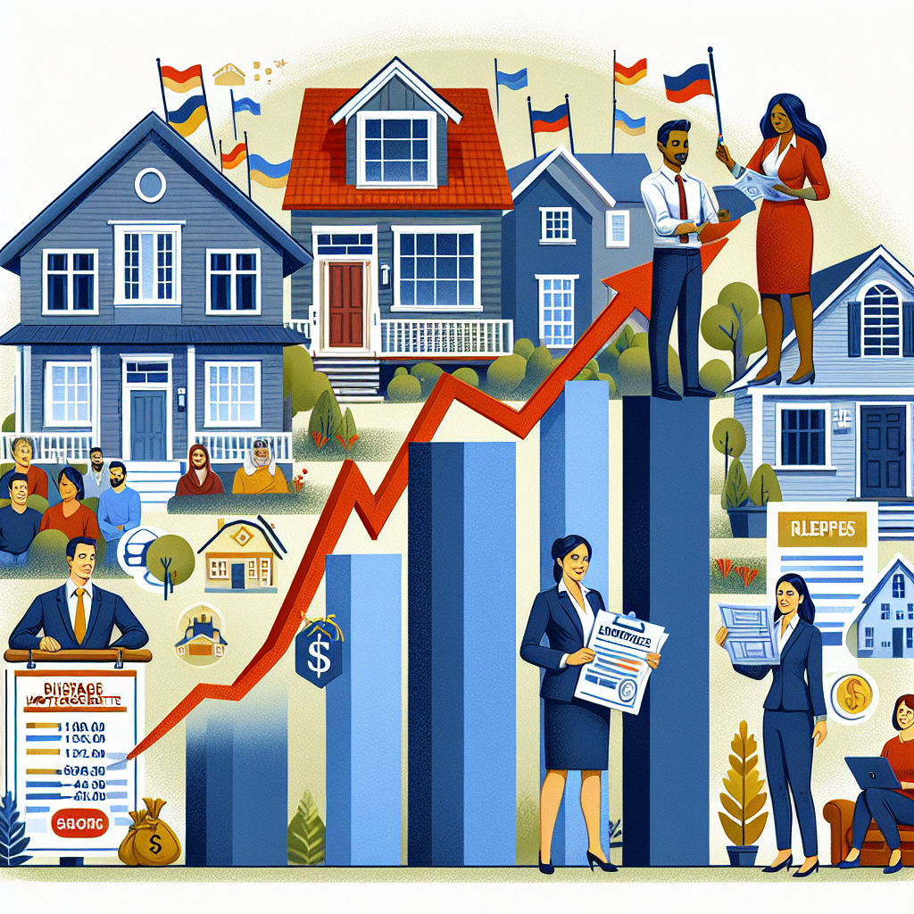 An illustrative representation of a typical housing market with images showing a surge in mortgage rates. First, show a representation of a neighborhood with varied styles of homes, each house with flags representing different ethnic communities. Include a rising bar graph at the center of the image, symbolizing the surge in the interest rates. Position a male South Asian real estate agent and a female Caucasian financial planner holding blueprints & strategies for housing market success. Let the graph's line rise in a manner that seems challenging but achievable, with the agents confidently looking forward.