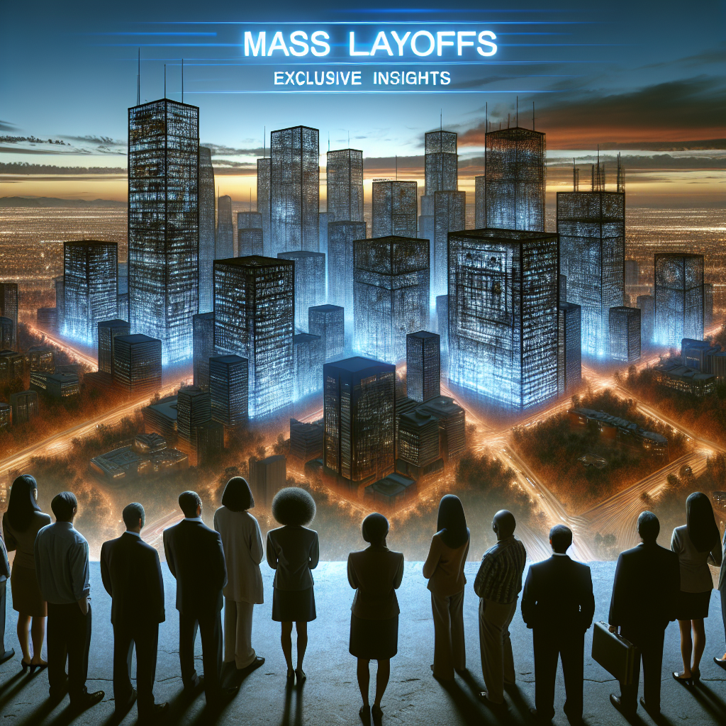 Visualize an imaginary city skyline at dusk depicting futuristic high-rise buildings, metaphorically representing tech giants. Each building has hollow windows symbolizing job cuts. A massive banner unfurls across the sky displaying 'Mass Layoffs - Exclusive Insights'. In the foreground, a diverse group of people - an Asian man, a Black woman, a Middle-Eastern man, a Hispanic woman - representing affected employees watch the scene with mixed emotions captured. They are depicted in modern, business attire symbolizing their professional roles in technology companies.