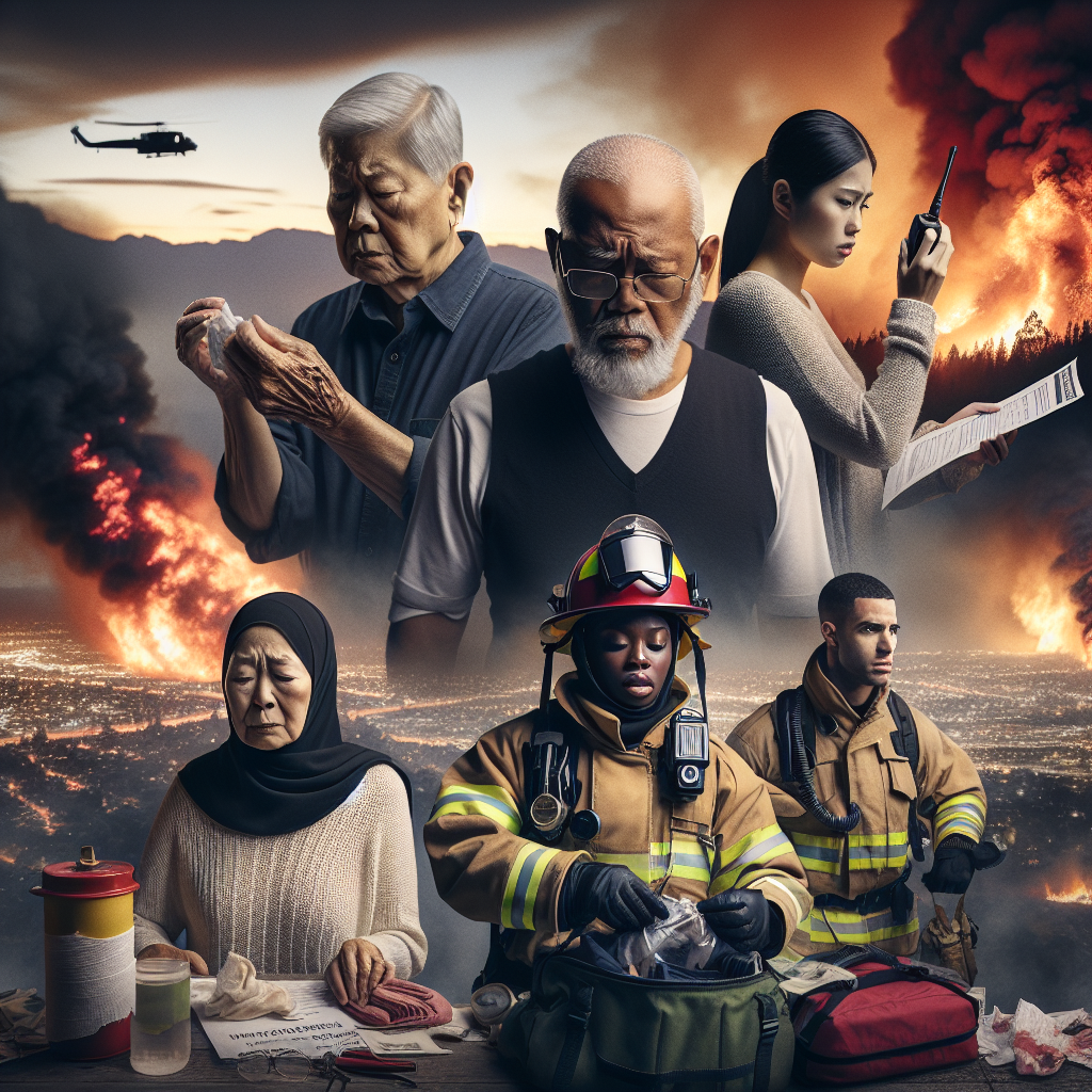 An intense image representing the urgency of wildfire emergencies. In the foreground, a diverse group of individuals are seen executing safety measures. An elderly Asian woman is packing essential belongings into an emergency bag. A Middle-Eastern man, showing calm and composed demeanor, is checking a list titled 'Must-Have Steps to Survive'. A Black female firefighter in gear is communicating through a walkie-talkie, providing instruction. In the background, the blaze of the wildfire lights up the late evening sky with smoke billowing, symbolizing the dangerous but distant fire. The composition communicates the seriousness yet preparedness amidst a wildfire.
