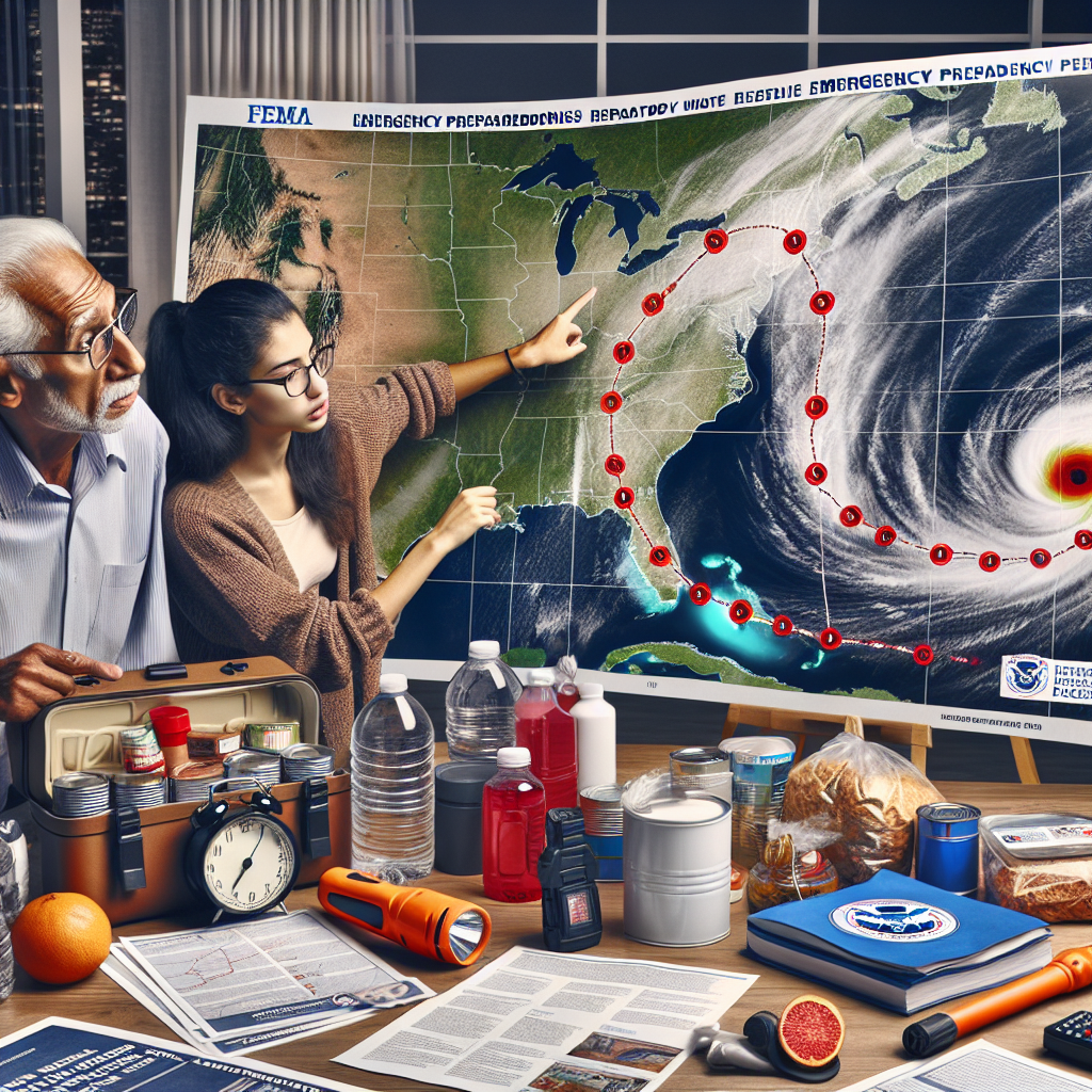An image of a large weather map depicting an oncoming hurricane, with the storm's path marked in bright red. Beside the map, there's an emergency preparedness kit packed with essentials like water bottles, flashlight, canned food, and a radio, to represent readiness. Additional materials on a table such as pamphlets titled 'FEMA Emergency Preparedness' are scattered around the area. On the right, a middle-aged South Asian man is pointing towards the hurricane path drawn on the map, while on the left, a young Hispanic woman is checking the contents of the emergency preparedness kit.