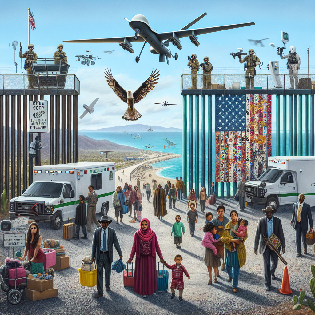 Visualize a scene showcasing the new developments in border security measures: The image should have the American border as its central element. This should include high-tech security surveillance, such as unmanned aerial vehicles and advanced biometric systems. To illustrate immigration, include vivid depictions of people from diverse descents including Caucasian, Hispanic, Black, Middle-Eastern, South Asian each on the move, carrying their belongings, possibly families traveling together. As a sign of transformation, incorporate the image of a 'door' or 'gateway'. Present the scene during the day with clear weather.