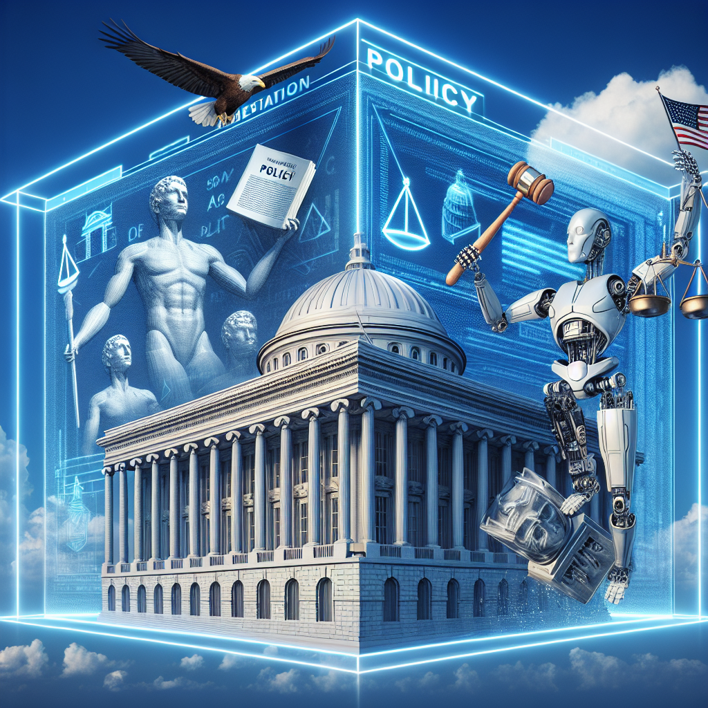 A detailed, symbolic representation of Artificial Intelligence compliance with policy. Visualize a towering edifice labeled as 'Policy' in the center staged against a clear blue sky. The building features neoclassical architecture, symbols of legislation like gavels and scrolls are etched on it. On the left, depict artificial intelligence as a robot, non-anthropomorphic, futuristic and silver in colour, holding in one hand a large document labeled 'White House Policy'. In its other hand, it effortlessly lifts a heavy weight labelled 'Compliance'. Encapsulate this scene in a holographic square to suggest a digital dimension. An eagle soars above everything, symbolizing oversight.