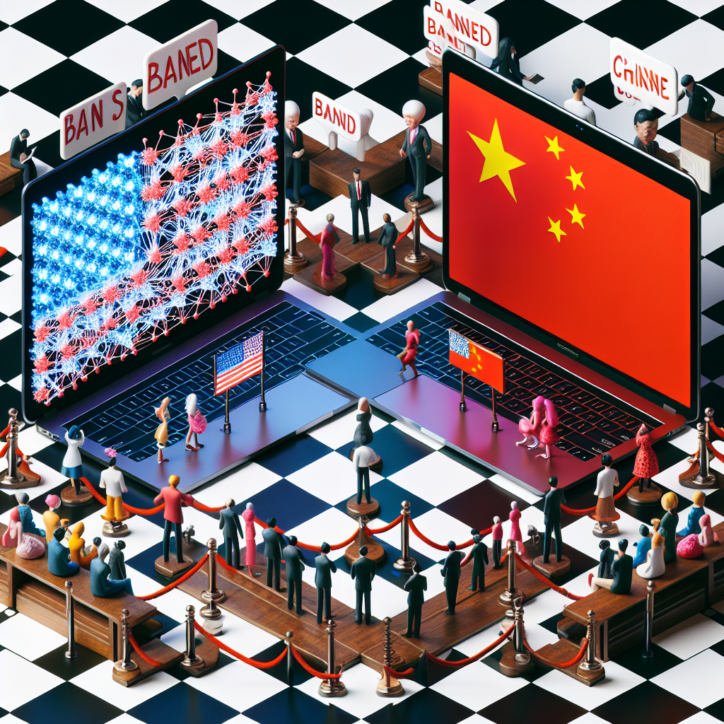A conceptually illustrative image showing a symbolic representation of United States and China tech tensions. Picture this: two large laptops on a checkerboard pattern floor, their screens facing each other, symbolizing the competition between the nations. On one laptop screen, display abstract network connections, indicating US tech industry, on the other, show a red dragon emblem, symbolizing China. In between, there's an envelope marked 'Banned', representing the TikTok ban issue. Around them are miniature figures of men and women of various professions, races and genders, watching the two screens curiously, representing public interest and debate.