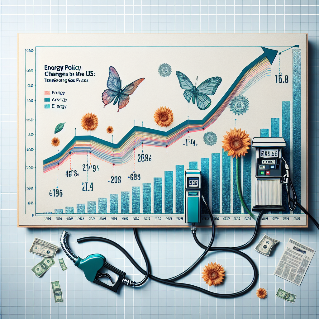 A visual representation of the energy policy changes in the US impacting gas prices. Image should showcase a fluctuating line graph with gas prices on the y-axis and time on the x-axis, with significant policy change dates highlighted. Side by side to the graph, an illustrated depiction of gas pump with changing prices display. Elements of traditional and renewable energy sources should be scattered around to reflect a transformation in energy policy. The title of the image is 'Energy Policy Changes in the US: Transforming Gas Prices'.