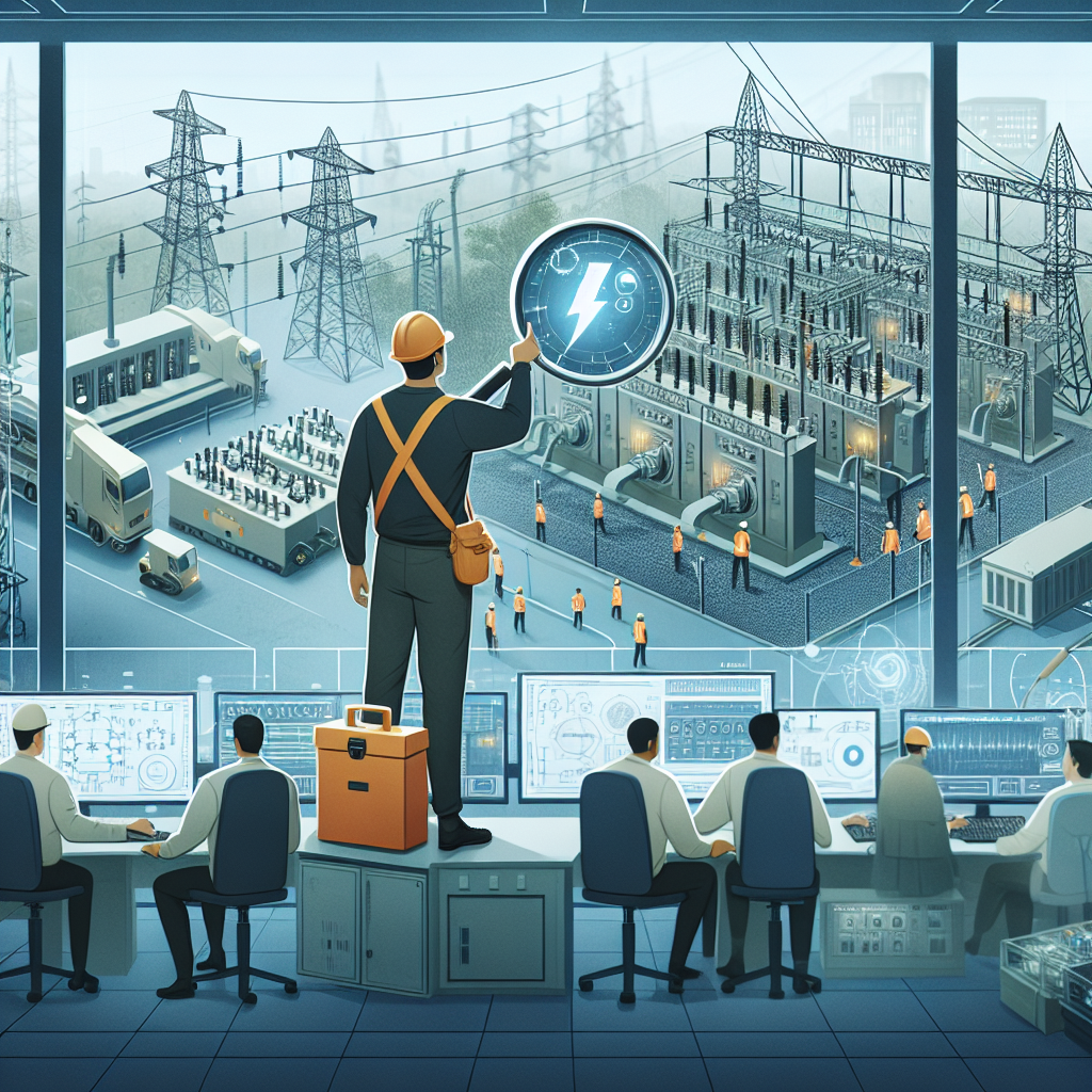 Visualize a scene that encapsulates the concept of preventing power grid failure. It could include various parts of the infrastructure such as substations or power lines with visible indicators of maintenance or upgrade measures being applied. Maybe there's a technician with a helmet and safety gear, identifying vulnerabilities and repairing them. He could be South-Asian male. Show also a control room with diverse crew overseeing the operations. There could be a Caucasian female operator managing the grid on a complex control panel, and Black male engineer studying the power line distribution on large monitors.