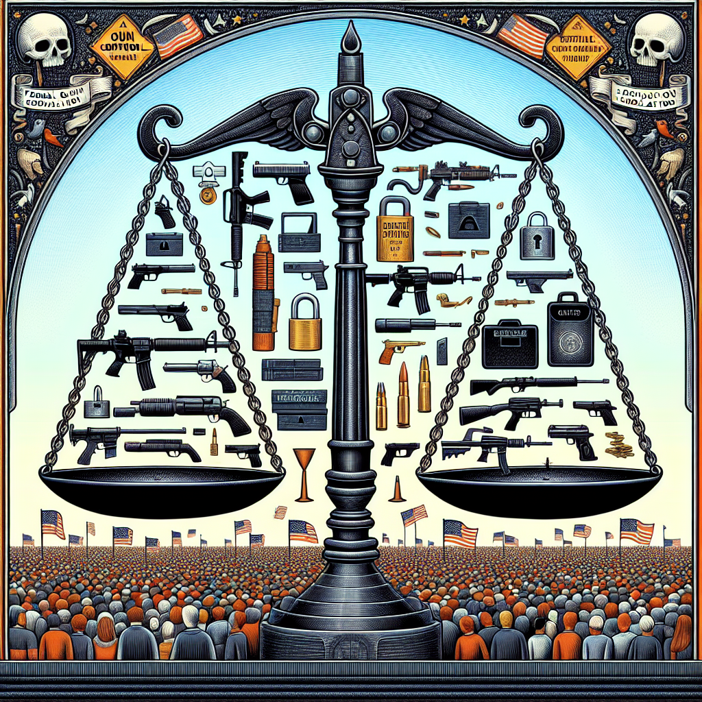 An intricate illustration of a balanced scale. On one side, there is a variety of firearms representing gun rights; these include handguns, rifles, and shotguns. On the other side of the scale, there are symbolic representations of safety measures such as lockboxes, warning signs, and law books representing regulations. The background features a crowd of American citizens with various descents and genders, all looking towards the scale with hopeful eyes, symbolizing their anticipation for the outcome of the gun control legislation. A banner above reads: 'Federal Gun Control Legislation: Essential Steps to Combat Gun Violence.'