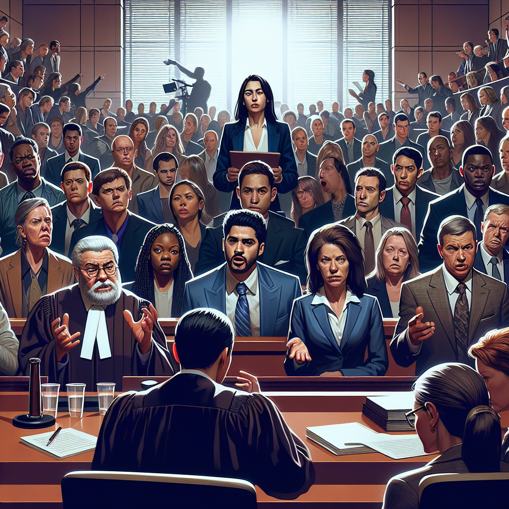 Depict a thrilling scene at a busy courtroom during a high-stake criminal trial. Show an intense diversity of expressions on the faces of the people present - a South Asian female judge presiding with a stern expression, a group of black and Hispanic jurors on one side drawn into the proceedings, a white male prosecutor presenting his case passionately, a Middle-Eastern male defense attorney listening attentively, and spectators of various descents, genders and ages rapt in suspense. Please also include a large screen displaying the words 'Must-See Verdicts'. The atmosphere should evoke tension and suspense. Take inspiration from courtroom dramas but please do not include specific real persons or copyrighted characters.