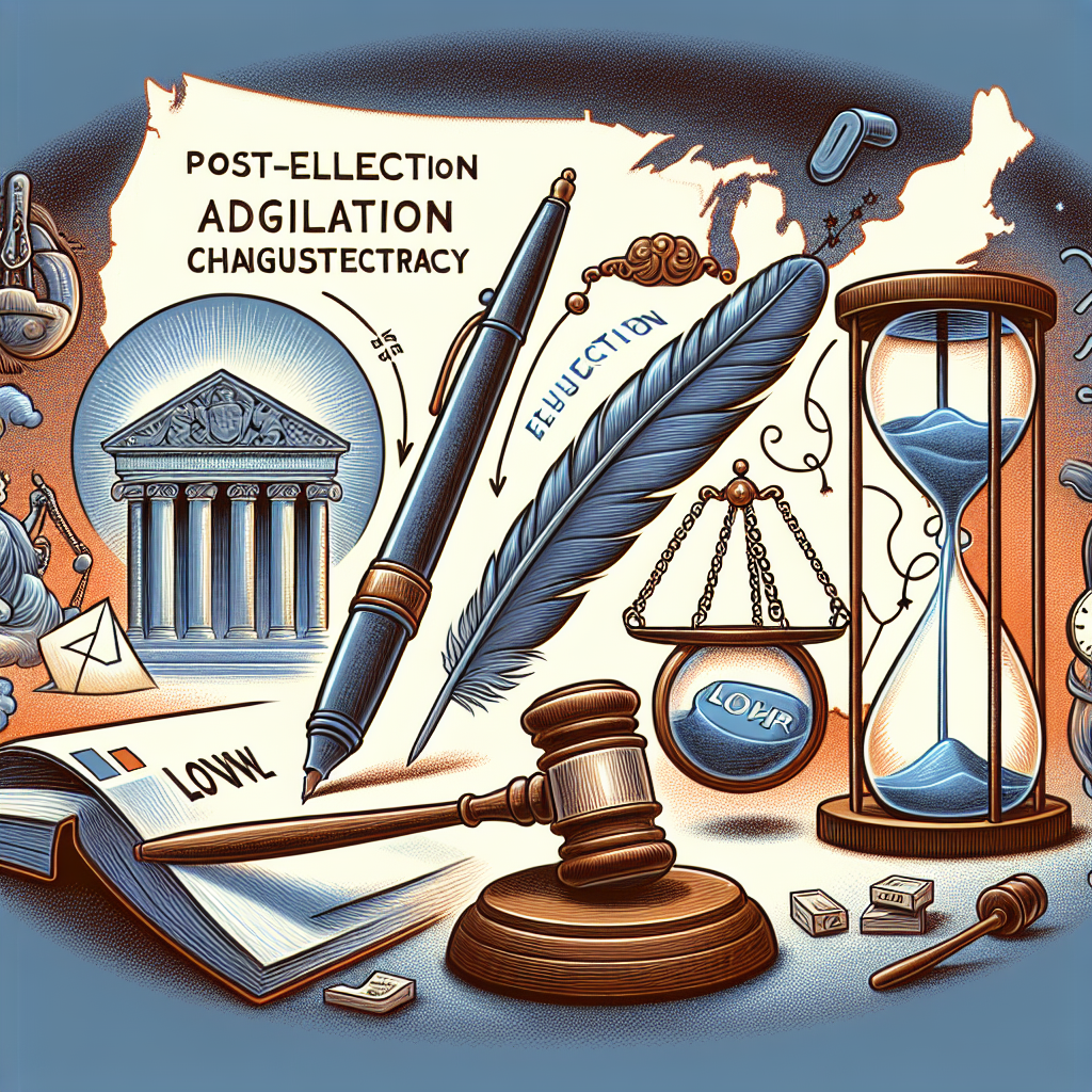 An educational illustration symbolizing the process of legislation change in a democracy, reflecting a post-election voting law adjustment scenario. The scene includes a variety of elements: a feather ink pen suggesting law writing, a gavel representing authority and justice, a closed ballot box signifying election, and an hourglass indicating the flow of time. The background subtly alludes to an abstract representation of the United States map.