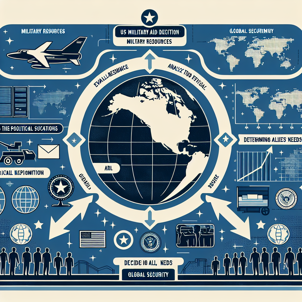 An illustration depicting a protocol or process scenario for the US military aid decisions. There should be a large flowchart with arrows leading from one step to the next. The steps include evaluating military resources, analyzing the political situation, determining allies' needs, and deciding on aid deployment. Globes, charts, or diagrams symbolizing 'global security' could be superimposed in the background for depth. Please do not include specific personnel or identifiable figures in the image. The color theme should remain in shades of navy, grey, and white to maintain a professional and serious tone.