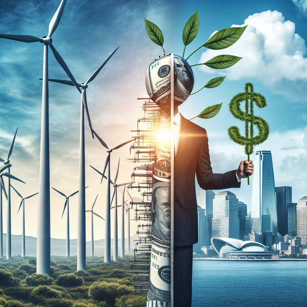 An inspiring image showing a balance between environmental conservation and economic prosperity. On one side of the picture, there are towering wind turbines against a clear blue sky, illustrating the concept of clean energy. On the other side, there's a modern city with skyscrapers, symbolizing growth and prosperity. Interwoven between these two scenes, is an anthropomorphic figure of a bill going through legislations, representing climate change legislation. The figure is marked with the currency symbol and green leaves to denote clean energy investments. The images should be set during the daytime to evoke a sense of optimism.