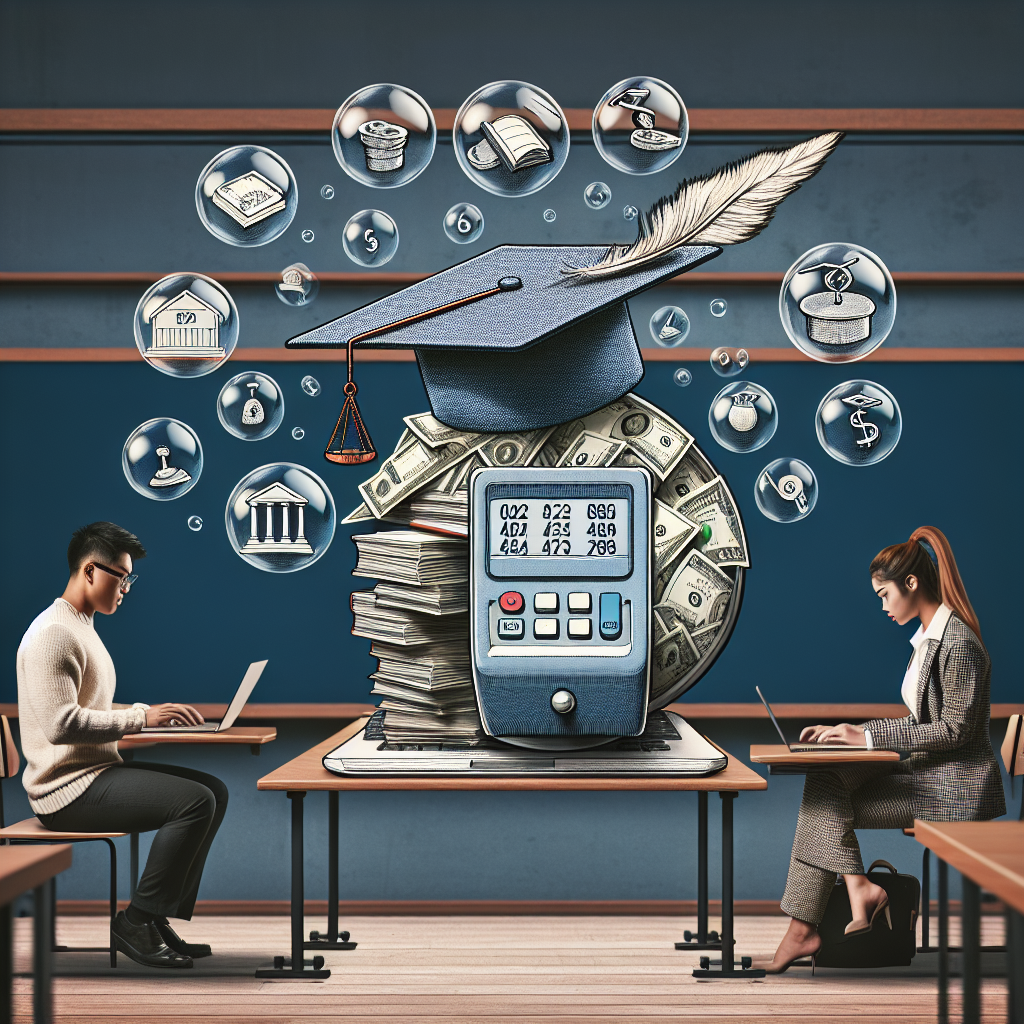 An academic environment setting with a South Asian female and a Hispanic male student, each studying. An oversized laptop screen in the background displays the text 'Student Loan Repayment Updates'. Above the screen, transparent bubbles float, each containing a different symbol related to loan forgiveness programs. One bubble houses a feather gently erasing the number sequences on a ledger, another bubble has a scale balancing a stack of cash and a graduation cap, while another bubble exhibits a giant key unlocking a safe with the word 'loans' etched on its door.