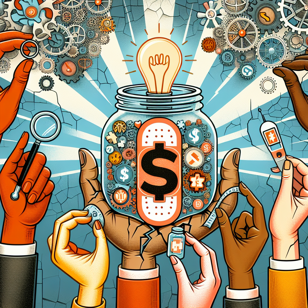 Illustrate an image depicting the concept of revolutionary changes in the Medicare system as a panacea for the escalating healthcare costs. Create a picture showing symbolic objects or elements which collectively portray this concept. It could include a large band-aid embedded with dollar symbols representing Medicare as a solution, healing the wound of increasing healthcare costs, shown as a cracked glass jar filled with medical icons. Background can be filled with gears moving in harmony, metaphorically representing effortless solutions. To represent diversity, include hands of different descents such as Caucasian, Black, Asian, Middle-Eastern, and Hispanic holding the band-aid.