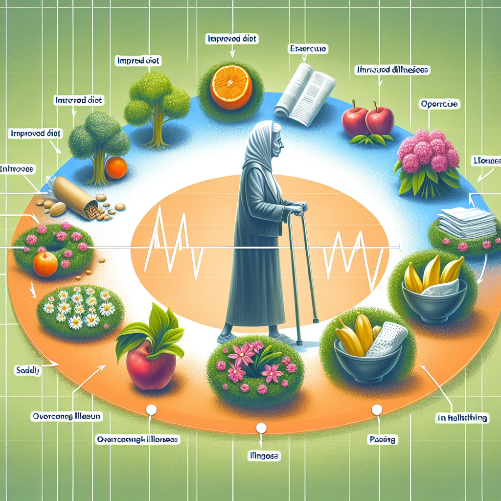 Create an illustrative image showcasing a healthcare timeline in the life of an unseen famous individual. The timeline should represent symbolically specified milestones such as improved diet, exercise routines, overcoming illnesses, and sadly culminating in a peaceful passing. The image should be exquisite, engaging, and relevant to a news article. Please note that it should not include any recognizable person, instead focus more on the concept and cycle of life.