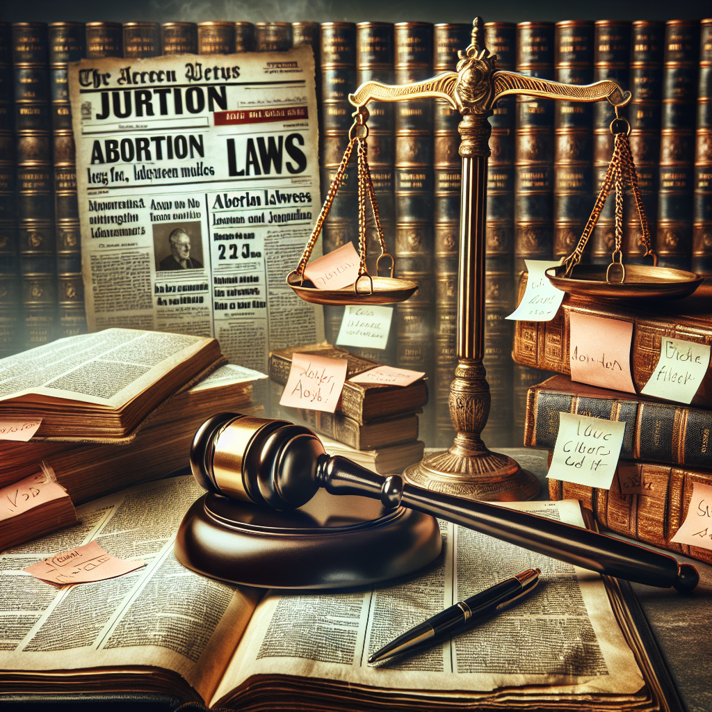 An authoritative gavel resting on a pile of legal documents with annotations and sticky notes, symbolizing recent judgements. Beside it, there's a calendar showing the current date, banner headlines from newspapers referencing abortion laws and a pair of antique bronze justice scales. The background fades into a blurred collection of historical law books, adding a sense of reliance on legal precedents. This scene aims to reflect the intricate process of legal discourse and rulings within the American judiciary system. Please note this image must not contain anything offensive or overly graphic, and should respect the viewers' sentiments.