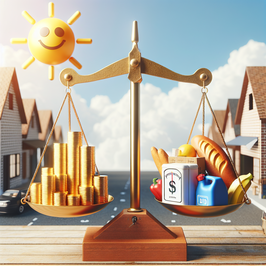 Create an image of a symbolic representation of the impact of interest rates. The scene includes a large scale balanced on a sturdy stand, placed in an open air market. On one side of the scale are gold coins stacking high to represent 'Interest Rates', and on the other side are goods like a loaf of bread, gasoline canister and a house miniature, representing 'Inflation'. Hovering above is a bright sunshine with a smiley face representing 'Federal Reserve's Positive Outlook'. Please ensure the scale is tilted towards the goods to display the impact of rising interest rates on inflation.