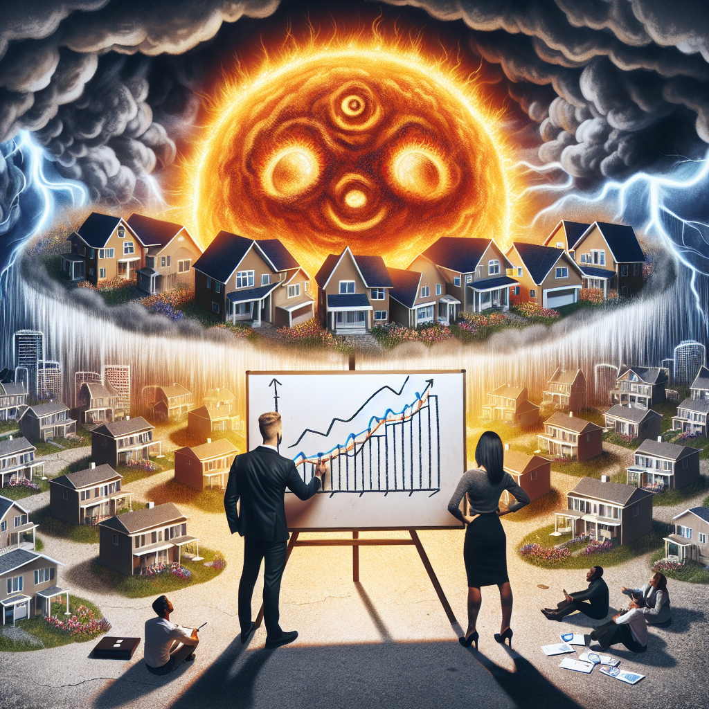 Envision a scene that symbolizes the US housing market crisis. In the foreground, note a densely packed image of houses with soaring price tags. The sky above is stormy, indicative of the ongoing crisis. On the other side, visualize a rising sun to represent hope. In front of this sun, lay a man and a woman, a Hispanic realtor, and a Caucasian financial advisor, respectively, suggesting solutions on a chart board. Draw them holding a line graph illustrating stabilizing mortgage rates. The whole scene should evoke a sense of struggle but with strategies being employed to overcome the challenge.