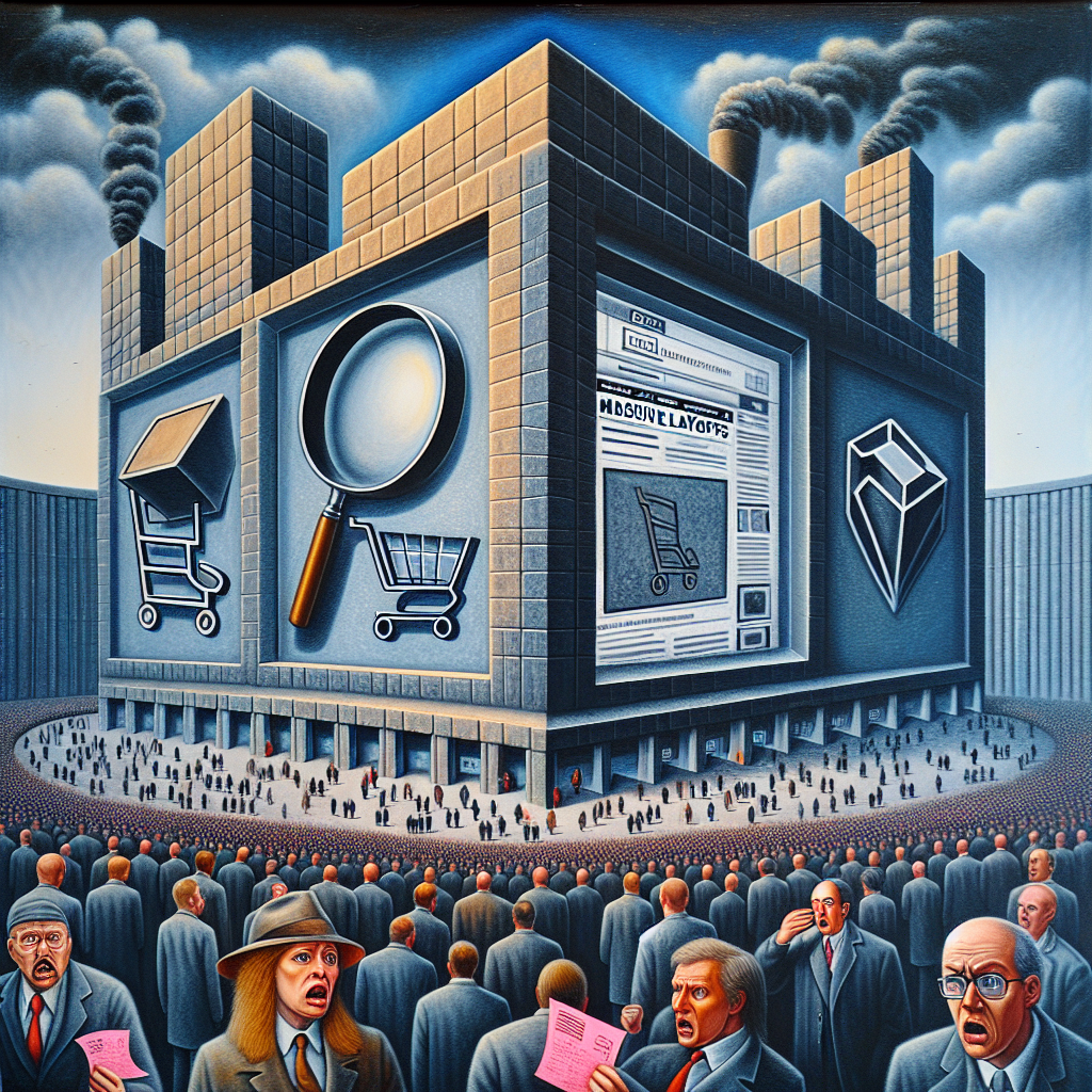Picture a technology-themed painting in a symbolic, allegorical style. The central image is a monolithic building with three distinct sections, each labelled with symbols - a magnifying glass, a shopping cart and a mysterious cube. Surrounding the monolith, figures in business attire look shocked or upset, some holding pink slips, signaling a mass dismissal. In the foreground, a computer screen displays a news headline reading 'Massive Layoffs'. The painting should communicate a somber mood reflecting the impact of such events.