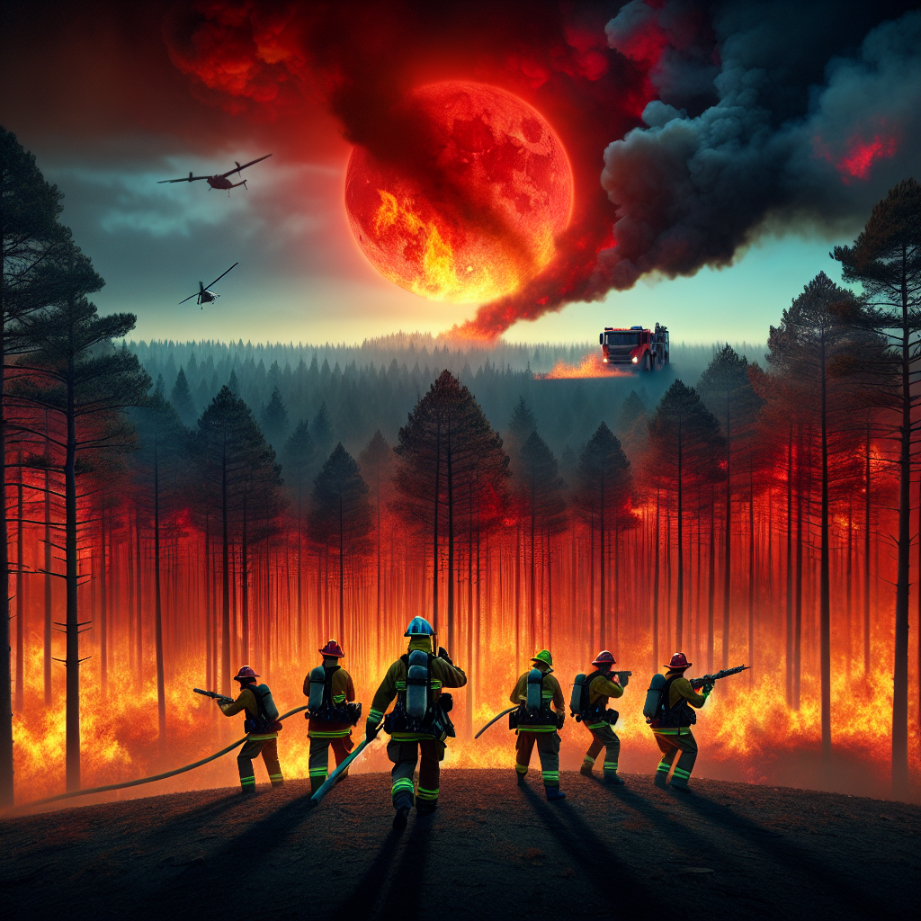 A dramatic scene during a summer heatwave that represents the severity of wildfire emergencies in the US. A group of brave firefighters of diverse descent - Caucasian, Hispanic, and Black - some female and some male, are valiantly combating the intense and enormous wildfire that's devouring a pine forest. A red hot sun is sinking below the horizon, casting an ominous glow on the scene. The vast expanse of the forest is losing its green shade to the fierce orange flames, and the lofty plumes of smoke are absorbing the sky's blue hue, creating a surreal palette of colors in the atmosphere.
