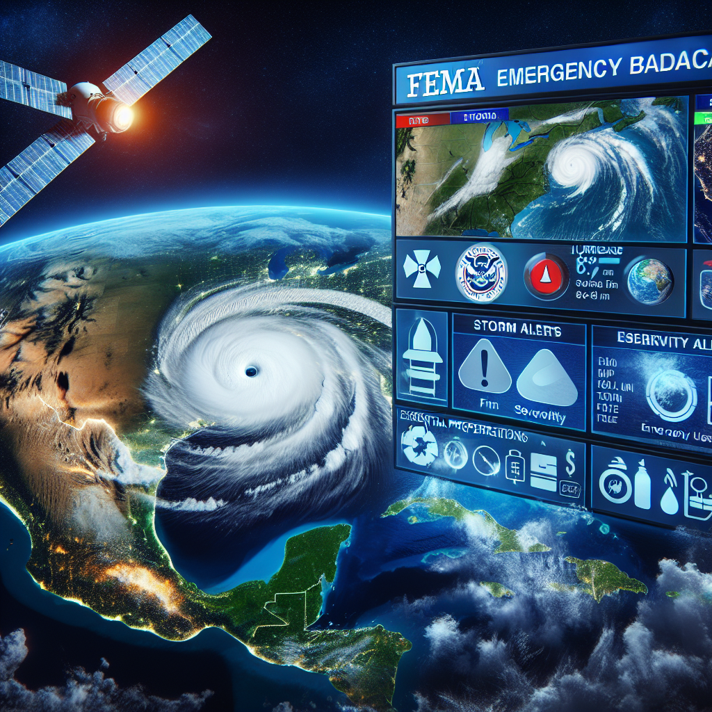 An intense scene of a tropical hurricane forming over the ocean as seen from a weather satellite. Beside it, a FEMA emergency broadcast screen displaying storm alerts and key preparations for the hurricane season. The screen shows interactive maps, severity levels, the path of a hurricane, and a checklist of essential emergency items. The whole image combines a sense of urgency with information dissemination, aiming to encourage preparedness during hurricane seasons.