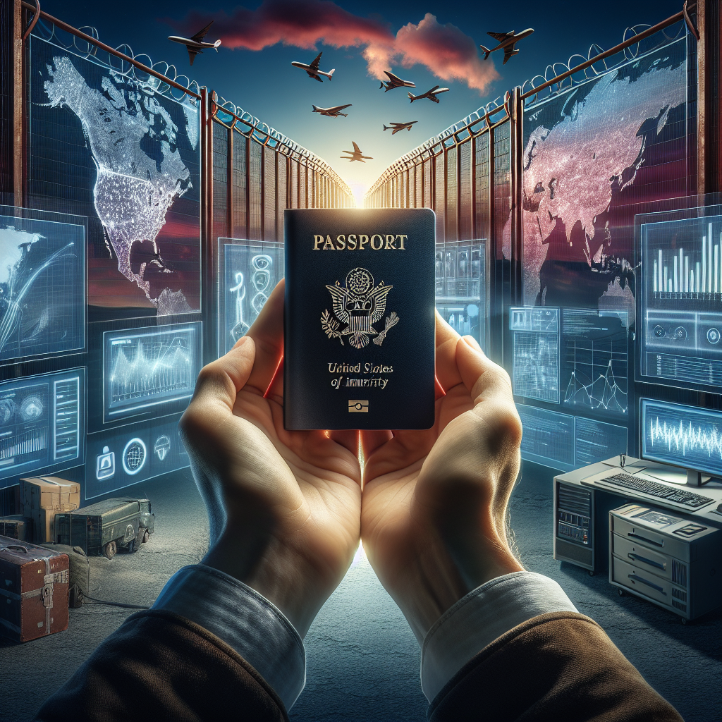 An image displaying several elements symbolizing border security and immigration. At the center, a pair of hands gently cradles an American passport, symbolizing the welcoming aspect of immigration. Around it, show a computer system panels with different statistics and graphs, representing technological developments in border security. In the background, display a huge geographical map of the United States showing different entry points from various countries. No people visible in the image. Illustrate the scene at dusk for a dramatic effect. The style should be realistic and detailed.