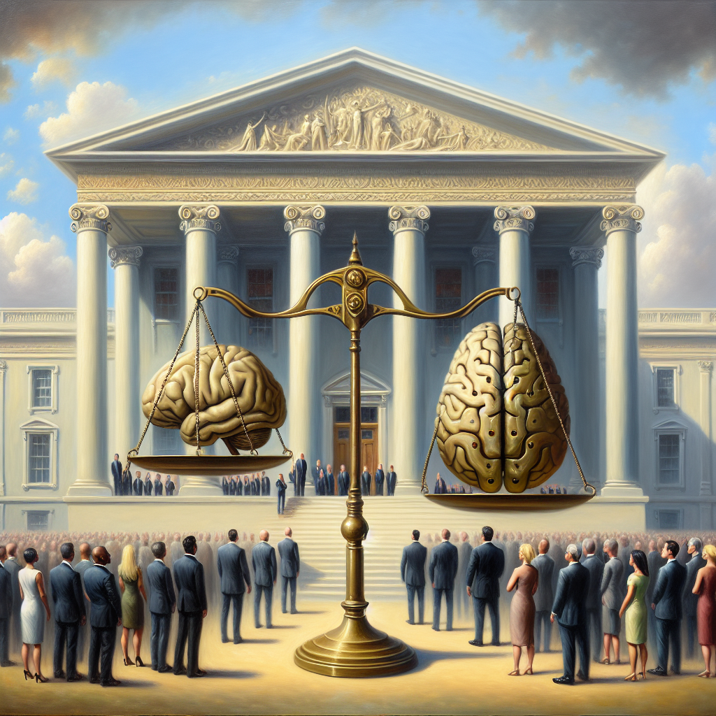An elaborate oil painting in soft, well-blended hues that represents the concept of AI Regulation: Best Practices. The image features a classical style structure, reminiscent of the White House but not exact, signifying governmental policy. There's a large, brass scale in the foreground, symbolizing justice and fairness, with a human brain on one side and a silicon chip shaped like a brain on the other, standing for artificial intelligence. A gender-diverse, race-inclusive group of people, all appearing as law professionals from different descents, such as Caucasian, Hispanic, Black, Middle-Eastern, and South Asian, are gathered around, observing and discussing. No explicit, identifiable politicians or public figures are in the scene.